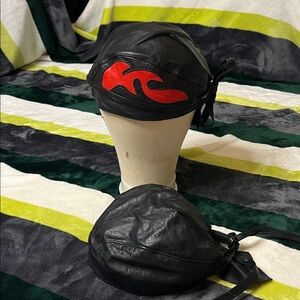 Black Leather Skull Cap with Red Wave Accent